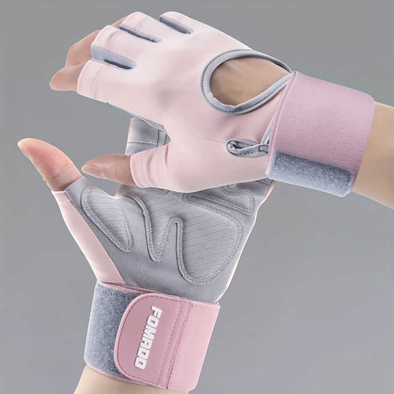 1 Pair Women's Breathable Gym Gloves - Pink & Gray