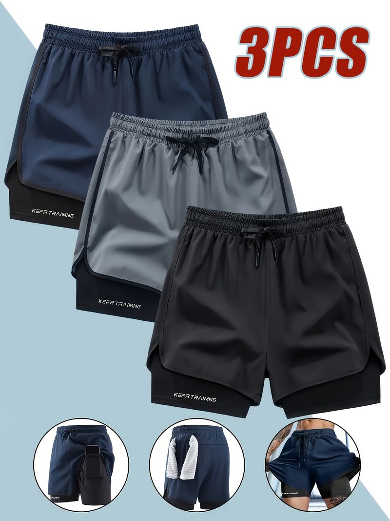 3pcs Men's Double-Layer Athletic Shorts