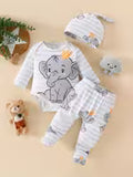 Boys' Cute Elephant Cartoon Print Bodysuit + Pants Set