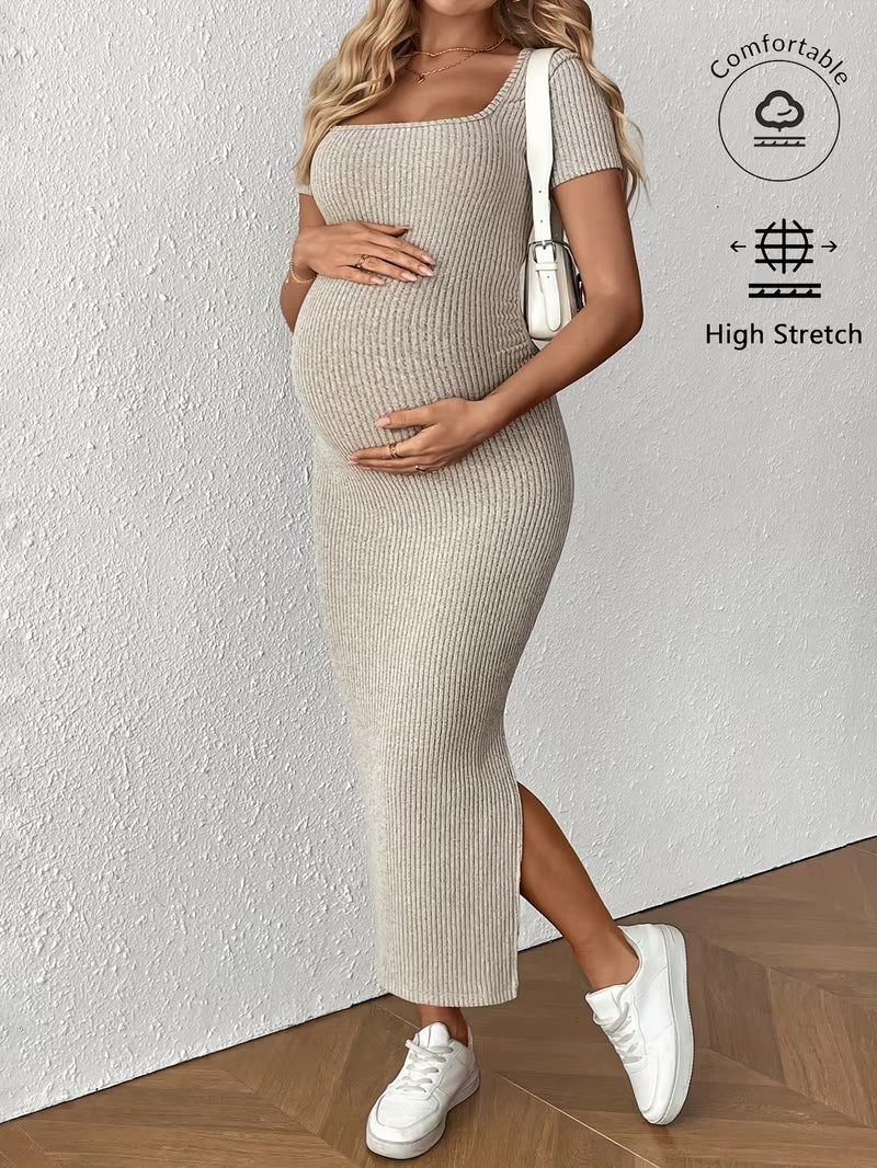 Maternity Summer Short-Sleeve Dress - Solid Color