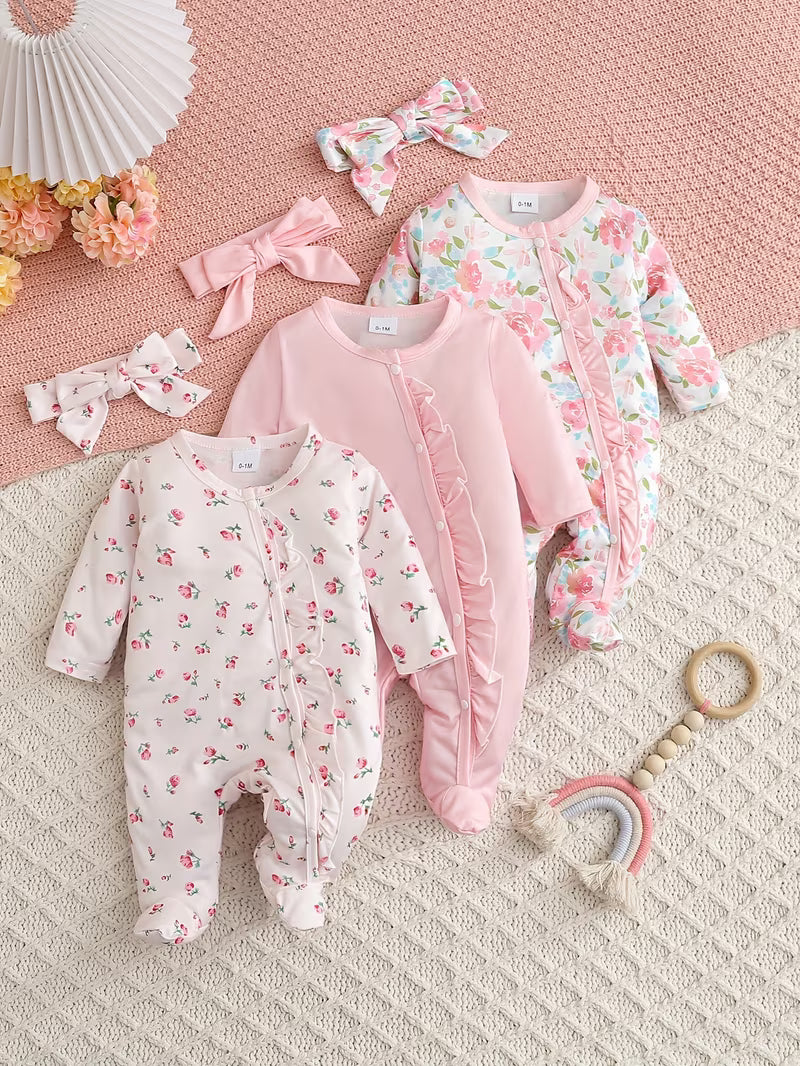 3pcs Footed Pants Set with Bow Headband