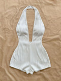 A Women's Vacation-Style White Bodysuit with a Wavy