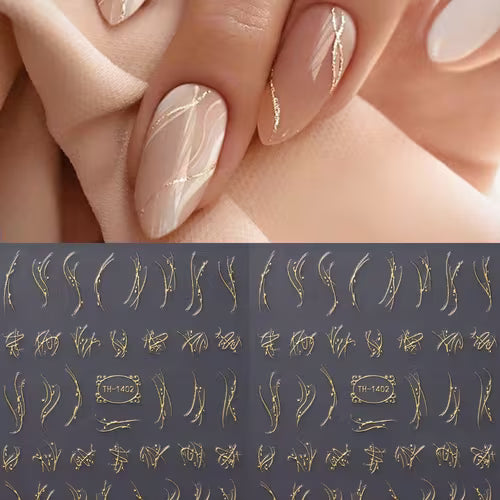 2Sheets Golden Line Nail Art Stickers | Easy Floral