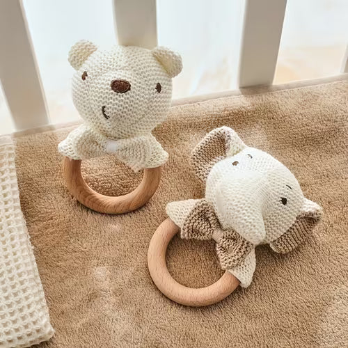Beige Crochet Elephant Rattle | Baby Handheld Bow Tie