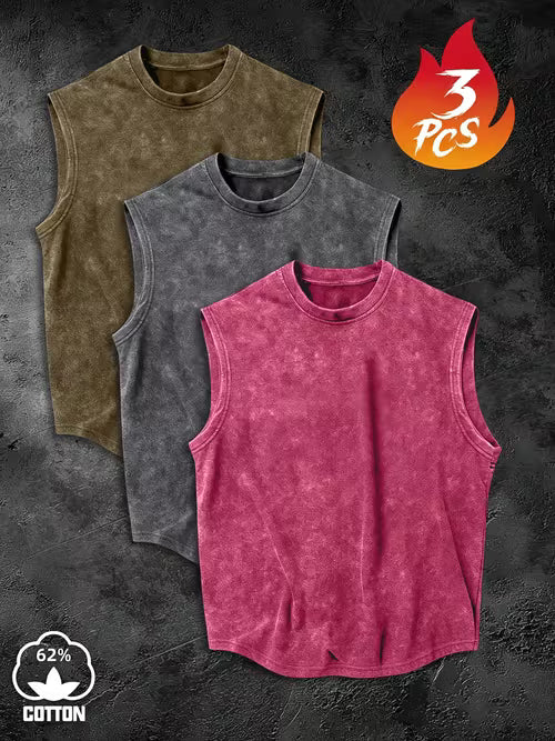 Summer Fashion Men's Washed Camisole Athletic Vest 3-Pc