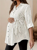 Striped Print Roll-Up Sleeve Single-Breasted
