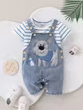 Cute Baby Boy Striped T-Shirt & Bear Denim Overalls