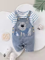 Cute Baby Boy Striped T-Shirt & Bear Denim Overalls