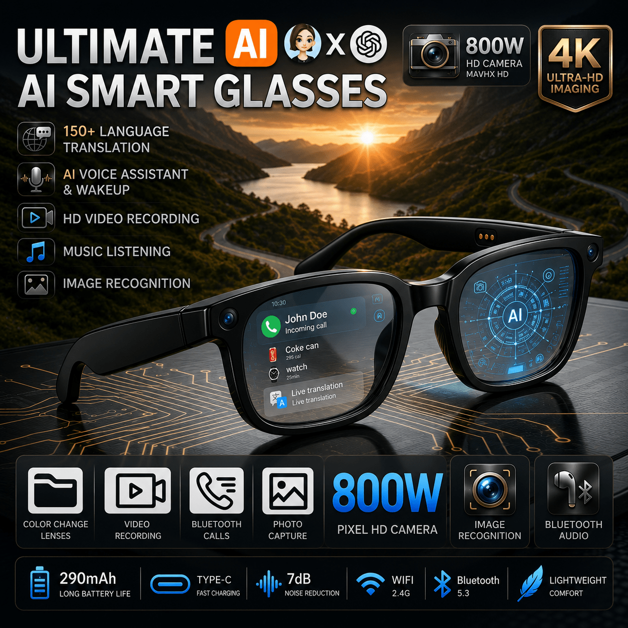 AI Smart Glasses Camera 8MP HD Video Recording Glasses