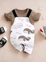 Full Print Brown-White Whale Short Sleeve Spring