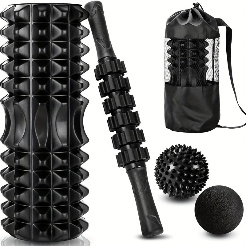 4in 1 Black Foam Roller & Massage Stick Set Deep
