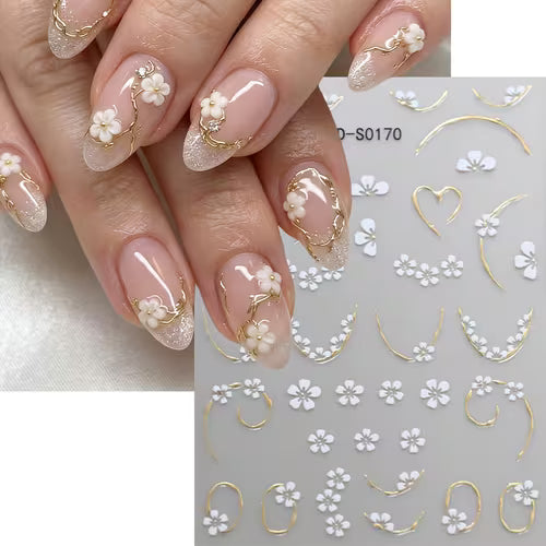 5D Embossed White Flower Nail Art Stickers