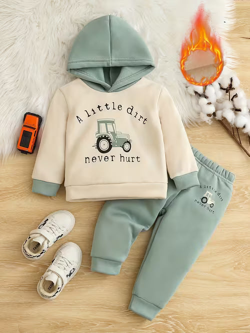 2pcs Boys' Winter Sweater & Pants Set with Car Print