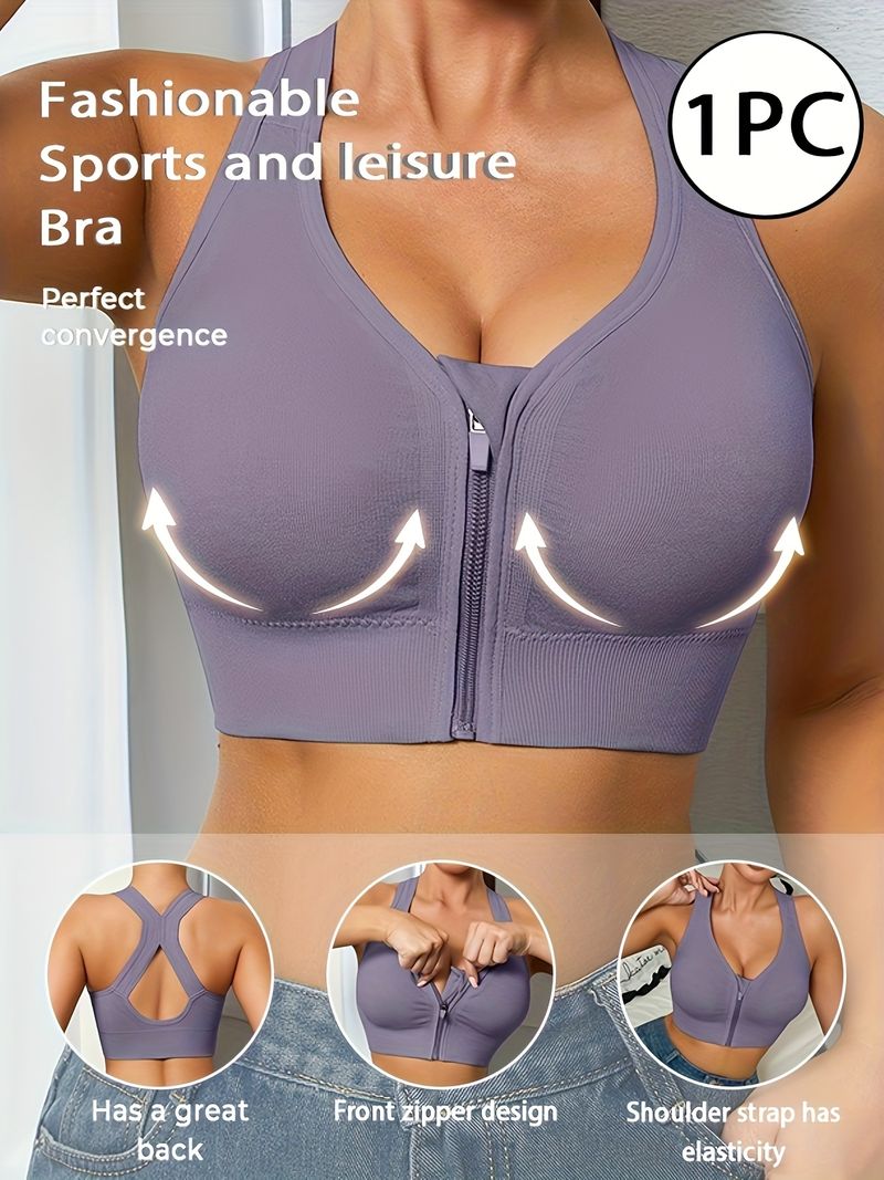 1pc Women's Sports Bra - Front Zipper Design - Soft