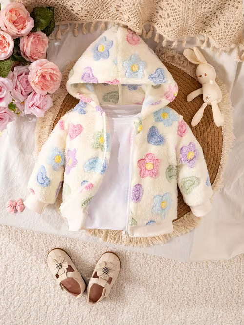 Baby Girls Floral Hooded Jacket - 100% Polyester Long