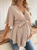 Maternity Blouse with Ruffled Hem and Belt