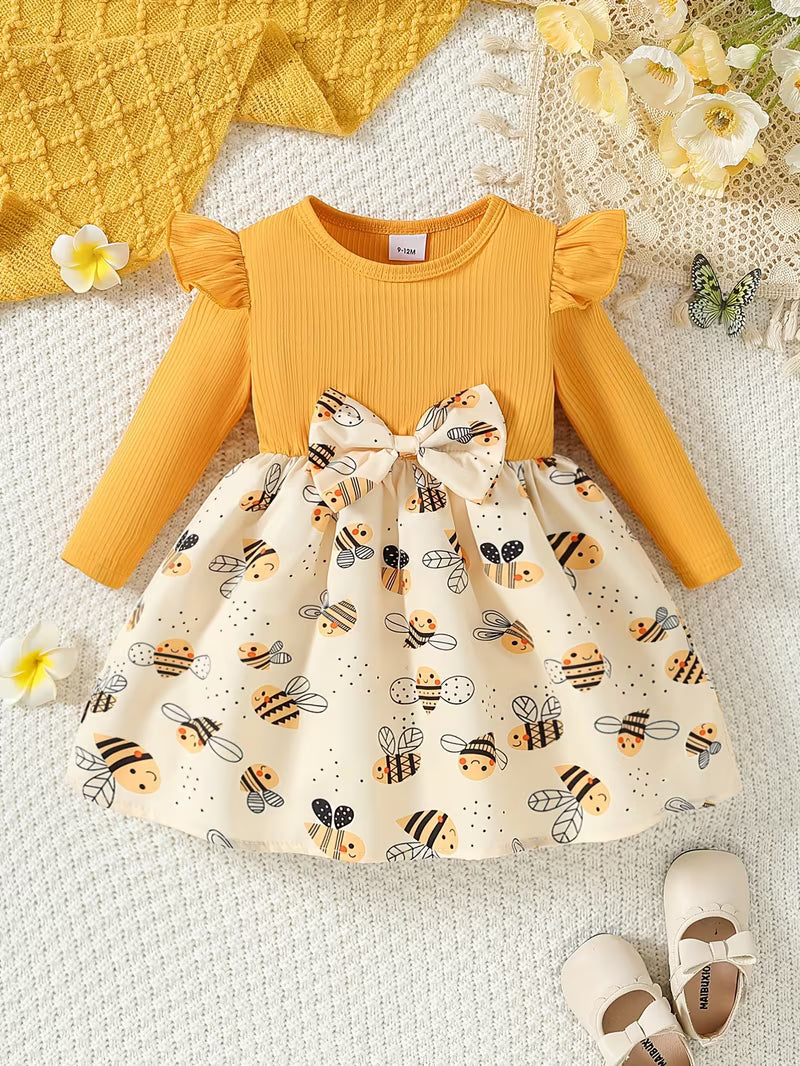 Children's Autumn Print Round Neck Cute Bee Bow