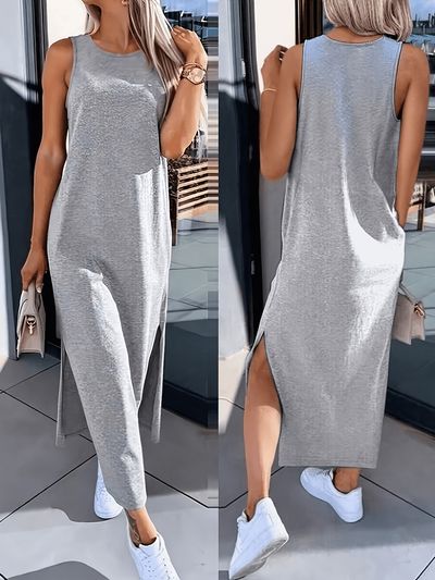 Casual Light Gray Vest Dress | Women's Round Neck
