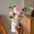 1pc Knitted Artificial Flower Rose Puff Bucket Bouquet