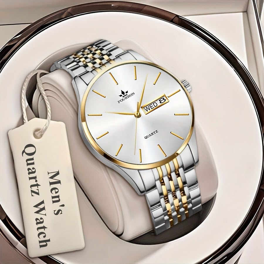 1pc FOURRON Men's Luxury Stainless Steel Quartz Watch