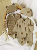 Baby Boy Bodysuit Set 4pcs/Set: Brown Striped Zipper
