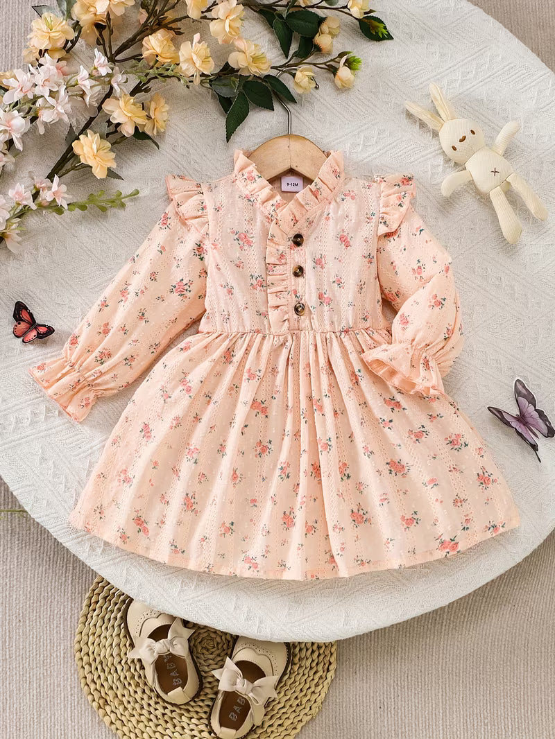 1pc Baby Floral Print Dress / Ruffled Long Sleeve