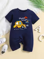 Baby Onesie Cartoon Taxi Letter Print Baby Jumpsuit