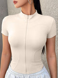 Women's Solid Color Stand Collar Zipper Short Sleeve