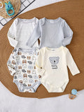 4pcs Newborn Baby Boy Triangle Bodysuit Set Cartoon