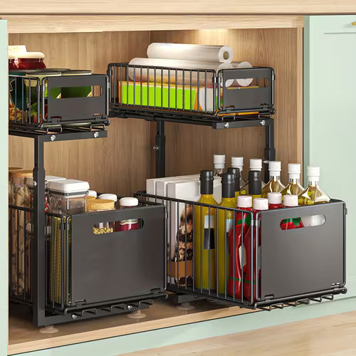 1pc 2-Tier Pull-Out Storage Basket - No-Drill Foldable