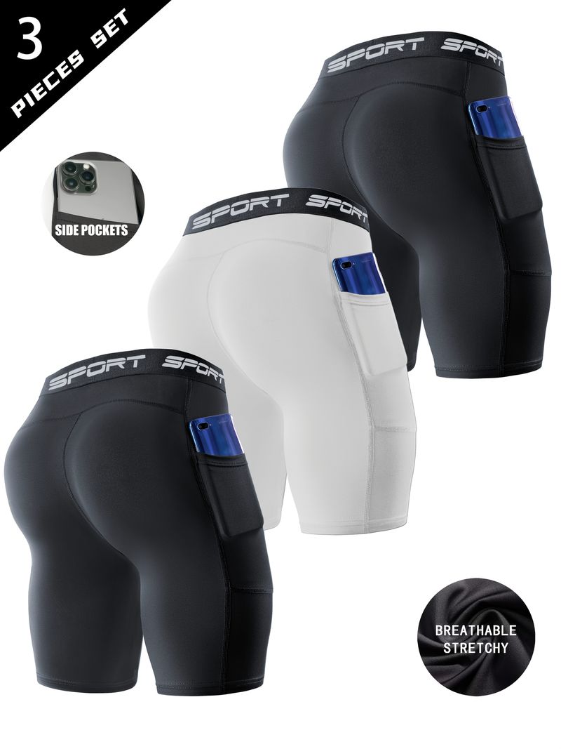 3pcs Men's Solid Compression Shorts with Pockets