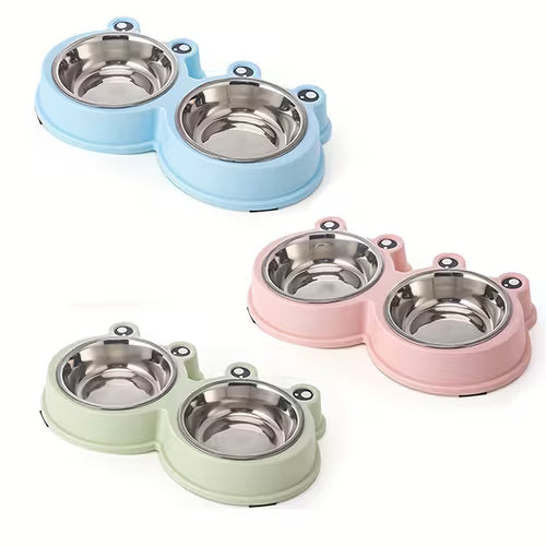 1pc Cartoon Big-Eyed Frog Pet Double Bowl Stainless