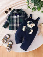 2pcs Baby Boy Spring Autumn Cartoon Bear Overall Set