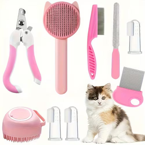 8pcs New Cat Grooming Kit with Self-Cleaning Brush