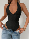 Slim Fit Sexy Lace Halter Neck Black Bodysuit