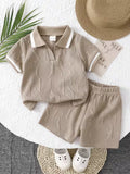 2pcs/Set Baby Boy Lapel Khaki Short Sleeve Shirt