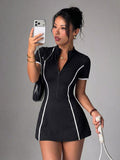 2pcs Women's Spring Summer Zipper Contrast Striped