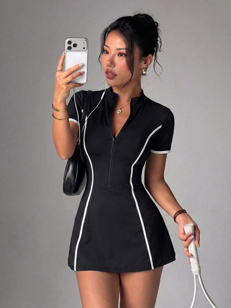 2pcs Women's Spring Summer Zipper Contrast Striped
