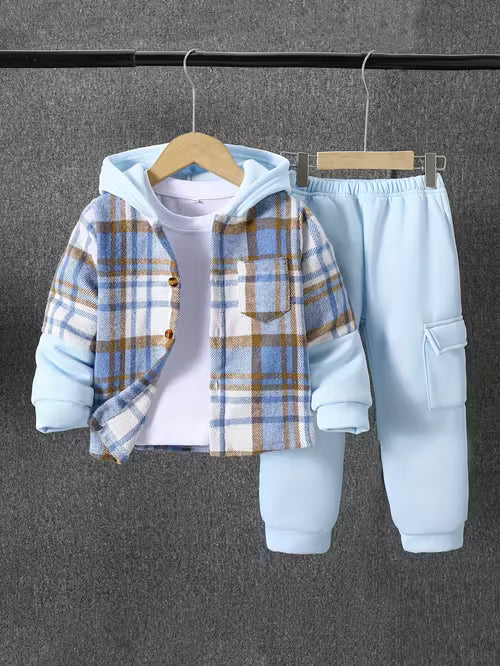 Boys' Autumn Winter Brushed Plaid Patchwork
