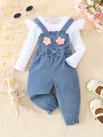 Cute Corduroy Floral Baby Girl Pants + Ribbed Top Set